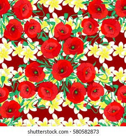 Abstract vector seamless floral design. Varicolored seamless pattern on a red background. Floral pattern for textile print, bed linen, jacket, package design, fabric and fashion concepts.