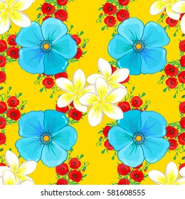 Abstract vector seamless floral design. Varicolored seamless pattern on a yellow background. Floral pattern for textile print, bed linen, jacket, package design, fabric and fashion concepts.