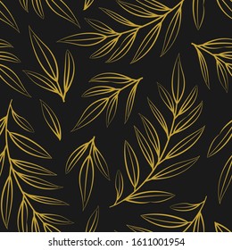 Abstract vector seamless floral pattern with golden branches and leaves on black background; floral design for fabric, wallpaper, textile, web design.