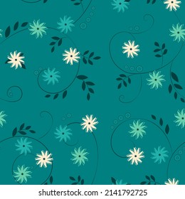 Abstract vector seamless floral pattern. Small Seafoam blue, topaz and white flowers on dark deep aqua background with swirl branches. Vector illustration. svg
