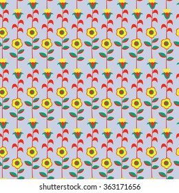 Abstract vector seamless flower pattern. Yellow and red flowers on a light background, could be used as backdrop, cover in web, textile print, greeting card.