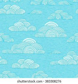 Abstract vector seamless gentle pattern with clouds. Colorful stylized hand drawn cloudy sky texture on light background.