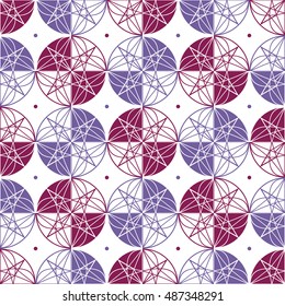 Abstract Vector Seamless Geometric Pattern in purple and lilac colors. Checkered linear background with geometric sphere and square shapes. Modern abstract wallpapers with Mosaic ornament