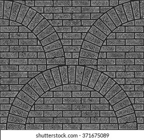 Abstract vector seamless geometrical background from light grey hand drawn hatched tiles elements with regular wavy layout. Brick wall texture with circular arches. Black and white