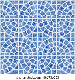 Abstract vector seamless geometrical pattern with blue watercolor texture on a light grey background. Floor tile, wallpaper, wrapping paper, page fill in Mediterranean ceramic style