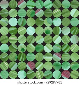Abstract vector seamless geometrical pattern from regular circles with green brush stroke  texture on a black background. Floor tile, wallpaper, wrapping paper, page fill in ceramic mosaic style