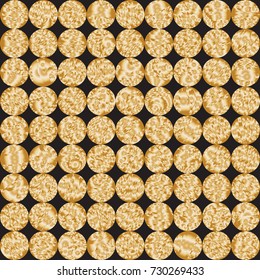 Abstract vector seamless geometrical pattern from regular circles with metallic gold brush stroke  texture on a black background. Floor tile, wallpaper, wrapping paper, textile print, mosaic page fill
