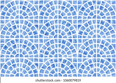 Abstract vector seamless geometrical scale pattern with blue watercolor texture on a light grey background. Floor tile, wallpaper, wrapping paper, page fill in Mediterranean ceramic style