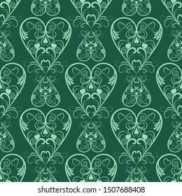 Abstract Vector Seamless Green Floral Hearts Pattern.