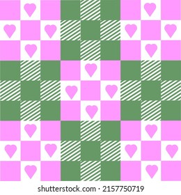 Abstract Vector Seamless green pink Checkered Squares Pattern with heart shape