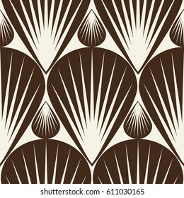 Abstract vector seamless illustration in monochrome design with large and small seashells with pattern of divergent rays 