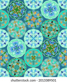 Abstract, Vector, Seamless Image Composed of Miniature Mandalas in Muted Green and Blue Colors. Can Be Applied in Design Projects 