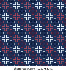 Resumen vectorial patrón médico sin fisuras con cruces rojas y blancas en fondo azul. Cruces médicas. Diseño plano. Ilustración de color.