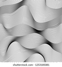 Abstract vector seamless moire pattern with waving curling lines. Monochrome graphic black and white ornament