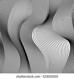 Patrón de cámara sin fisuras vectorial abstracto con líneas de curado onduladas. Ornamento gráfico abstracto en blanco y negro. Textura extensible a rayas.