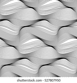 Abstract vector seamless moire pattern with waving curling lines. Monochrome  graphic black and white ornament. Striped repeating texture.