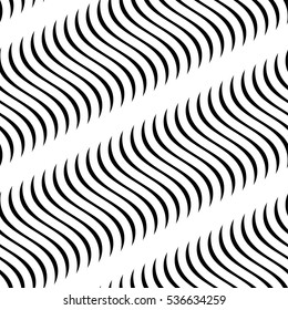 Abstract vector seamless moire pattern with waving curling lines. Monochrome  graphic black and white ornament. Striped repeating texture