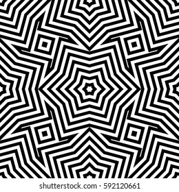 Abstract vector seamless moire pattern with waving circle lines. Monochrome op art, graphic with color points. Black and white ornament. Stars repeating texture.