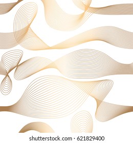 Abstract vector seamless moire pattern with waving curling lines. Golden and white ornament. Striped repeating texture.