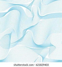Abstract vector seamless moire pattern with waving curling lines. Blue and white ornament. Striped repeating texture.