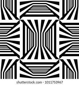 Abstract vector seamless op art pattern. Monochrome graphic black and white ornament. Striped optical illusion repeating texture