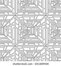 Abstract vector seamless op art pattern. Monochrome graphic black and white ornament. Striped optical illusion repeating texture