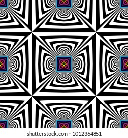 Abstract vector seamless op art pattern. Colorful pop art, graphic ornament. Optical illusion
