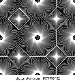 Abstract vector seamless op art pattern. Monochrome graphic black and white ornament. Striped optical illusion repeating texture