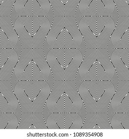 Abstract vector seamless op art hearts pattern. Line art, graphic ornament. Optical illusion