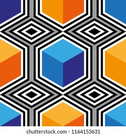 Abstract vector seamless op art pattern. Colorful pop art, graphic ornament. Optical illusion.