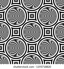 Abstract vector seamless op art pattern. Monochrome pop art, graphic ornament. Optical illusion