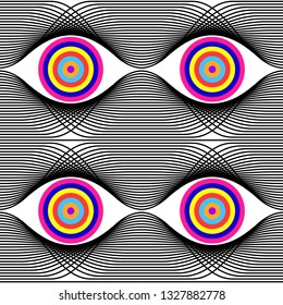 Abstract vector seamless op art pattern. Black and white pop art, graphic ornament. Optical illusion.
