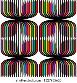 Abstract vector seamless op art pattern. Colorful disco ornament. Optical illusion.