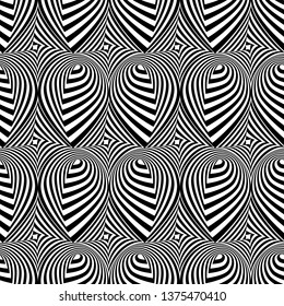 Abstract vector seamless op art pattern with teardrops. Monochrome graphic black and white ornament. Striped optical illusion repeating texture.