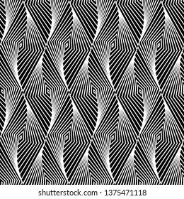 Abstract vector seamless op art pattern with rhombus. Monochrome graphic black and white ornament. Striped optical illusion repeating texture.
