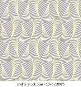 Abstract vector seamless op art pattern with rhombus. Pastel graphic ornament. Striped optical illusion repeating texture.