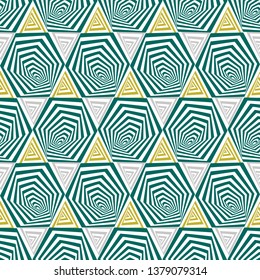 Abstract vector seamless op art pattern with hexagons and triangles. Graphic geometric shapes in green, yellow and grey. Striped optical illusion repeating texture.