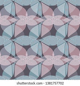 Abstract vector seamless op art pattern with teardrops. Graphic lilac, aqua and grey ornament. Striped optical illusion repeating texture.