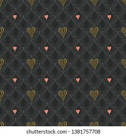 Abstract vector seamless op art pattern with stylized hearts. Graphic yellow, black and orange ornaments. Striped optical illusion repeating texture.