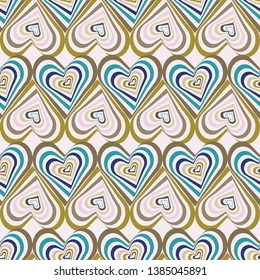 Abstract vector seamless op art pattern with stylized hearts. Graphic olive, sage, teal, pink and purple ornaments. Striped optical illusion repeating texture.