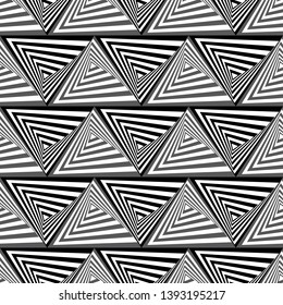 Abstract vector seamless op art pattern with warped triangles and stripes. Graphic ornament in white and black. Striped optical illusion repeating texture.