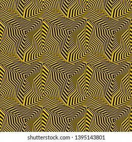 Abstract vector seamless op art pattern with warped triangles and stripes. Graphic ornament in yellow, olive and black. Striped optical illusion repeating texture.