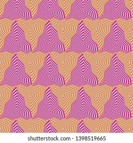 Abstract vector seamless op art pattern with warped triangles and stripes. Graphic ornament in lilac, orange and grey. Striped optical illusion repeating texture.