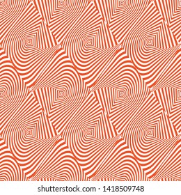 Abstract vector seamless op art pattern with warped rectangles and stripes. Graphic ornament in coral and white. Striped optical illusion repeating texture.