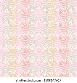 Abstract vector seamless op art pattern with stylized hearts. Graphic yellow, lilac, sage and cream ornaments. Striped optical illusion repeating texture.