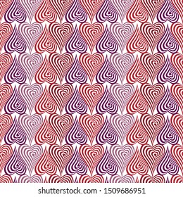 Abstract vector seamless op art pattern with stylized hearts. Graphic pink, lilac, purple and red ornaments on white background. Striped optical illusion repeating texture.