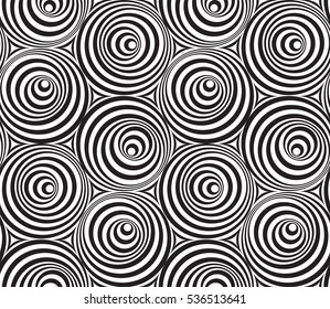 Abstract vector seamless op art pattern with circles Monochrome  graphic black and white ornament. Striped repeating texture