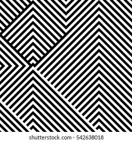 Abstract vector seamless op art pattern with rhombus. Monochrome graphic black and white ornament. Striped optical illusion repeating texture.