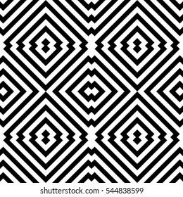 Abstract vector seamless op art pattern. Monochrome graphic black and white ornament. Striped optical illusion repeating texture.