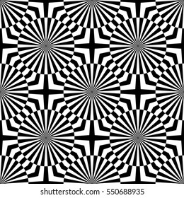 Abstract vector seamless op art pattern. Monochrome graphic black and white ornament. Striped optical illusion repeating texture.